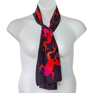 Black Silky Scarf with Pink and Orange Iridescent Frogs Size 8 x 52 inches